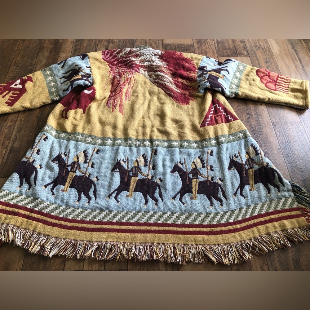 Bronco Billys Vintage Tapestry Jacket Native American Bison Fringe One Size USA